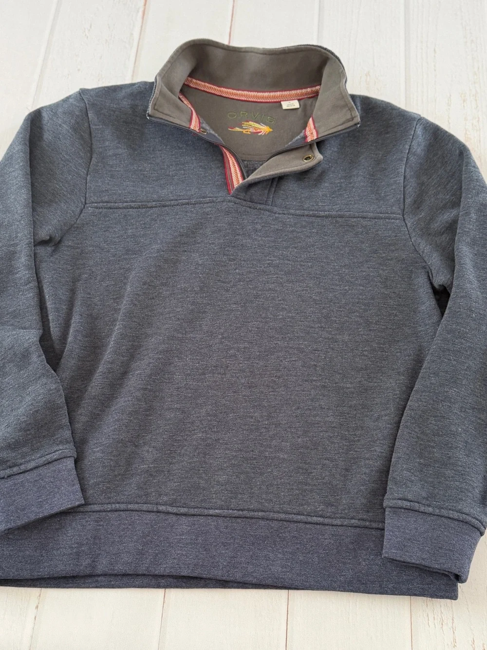 Orvis Men’s Medium Fleece Lined Pullover Sweatshirt Blue Snap Neck Casual